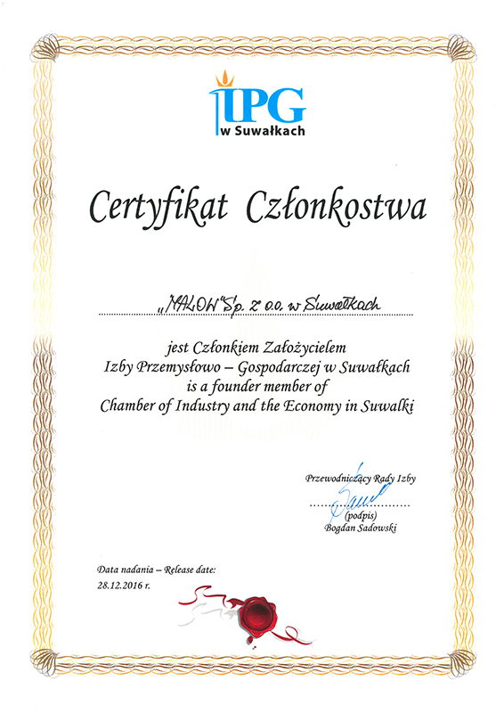 Certyfikat członkostwa IPG w Suwałkach