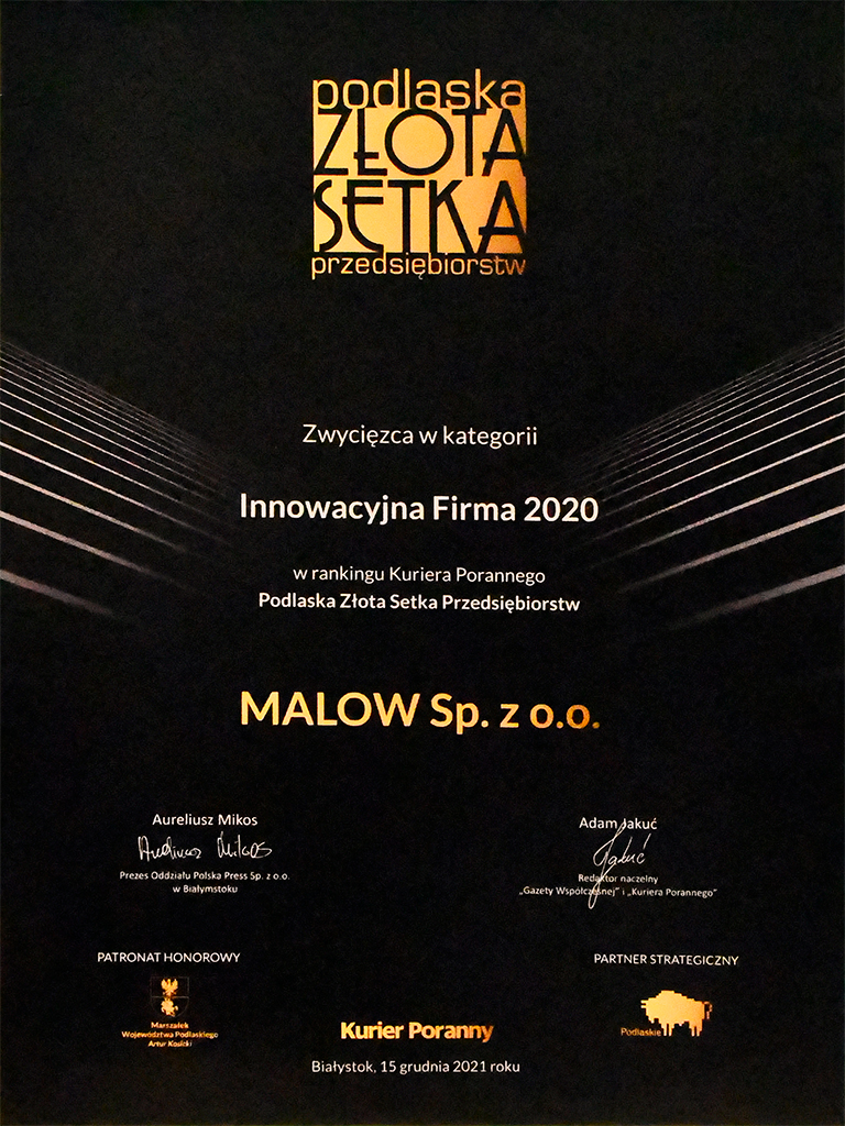 Nagroda Podlaska Złota Setka w kategorii Innowacyjna Firma 2020
