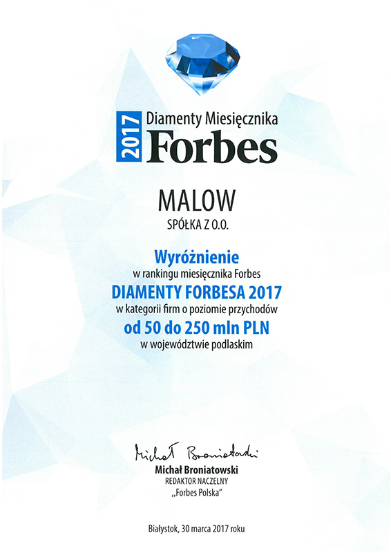 Wyróżnienie w rankingu miesięcznika Forbes – Diamenty Forbesa 2017